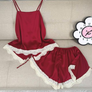 Freesize (65Kg-90Kg) Set Yếm Ngủ Cho Nữ Vải Lụa Satin Trơn Phối Ren Cột Dây Chéo Hở Lưng Không Mút Quần Xẻ Cao Hở Đùi
