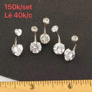 Set khuyên rốn bạc đính đá cao cấp, set 5 khuyên rốn