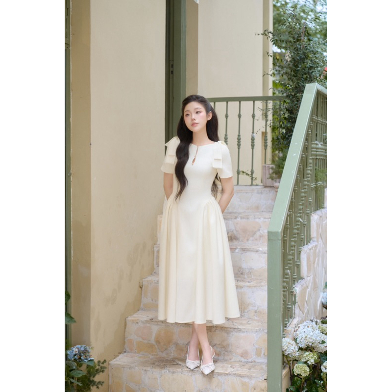 CÉLESTE - Váy Đầm Tiểu Thư Dáng Dài Xoè Phối Nơ Vai Vải Chéo Nhật Mềm Lanna Dress | BigBuy360 - bigbuy360.vn