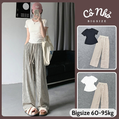Set Đồ Bộ Bigsize Nữ Áo Thun Baby Tee Tay Ngắn Kèm Quần Kẻ Sọc Ống Rộng Basic Cho Chubby SET972