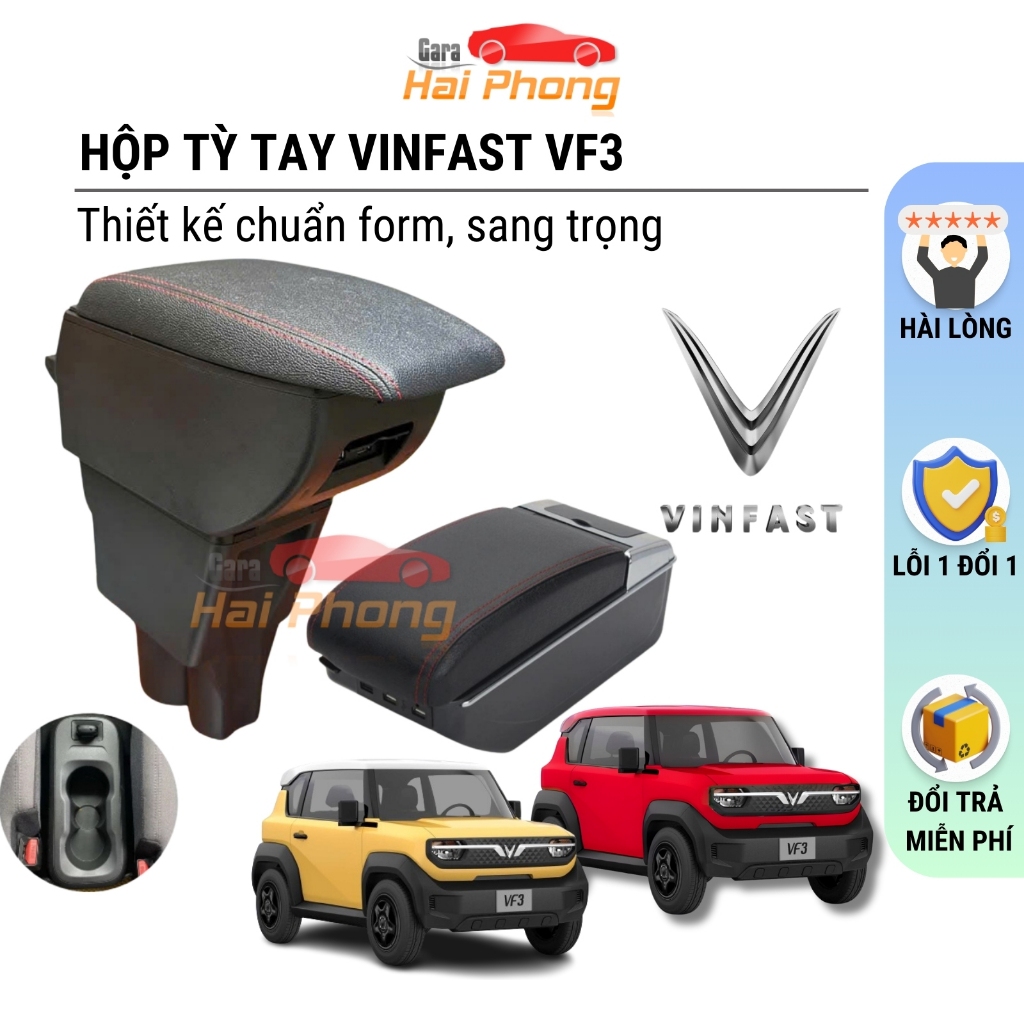 Hộp tỳ tay ô tô Vinfast VF3 màu đen cao cấp, có 2 ngăn và 7 cổng sạc tiện lợi