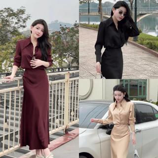 Set lụa Tô Châu X78 (áo + chân váy)  áo sơ mi phối chân váy cá dài