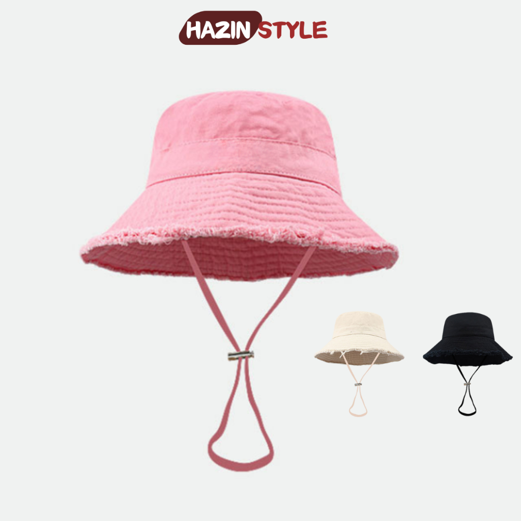 Mũ bucket tua rua HAZIN vải mềm mịn, nón tai bèo cao bồi vành rộng có dây quai điều chỉnh phong cách