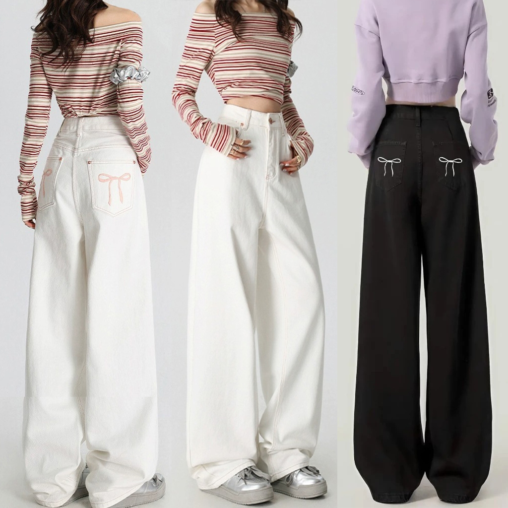  Quần Kaki Nữ Ống Rộng Thêu Nơ Túi Sau Trơn Màu Chất Vải Kaki Dày Dặn Tôn Dáng Đứng Form Dễ Phối Đồ 