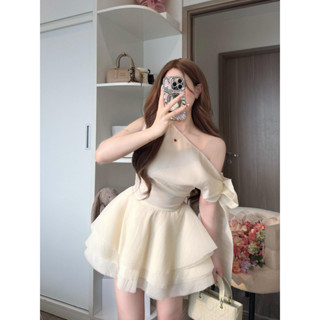  Đầm váy lệch vai buộc nơ dài be kem tơ chân váy 3 tùng thiết kế LANNIE TỰ MAY LẠI dáng ngắn LIPU 