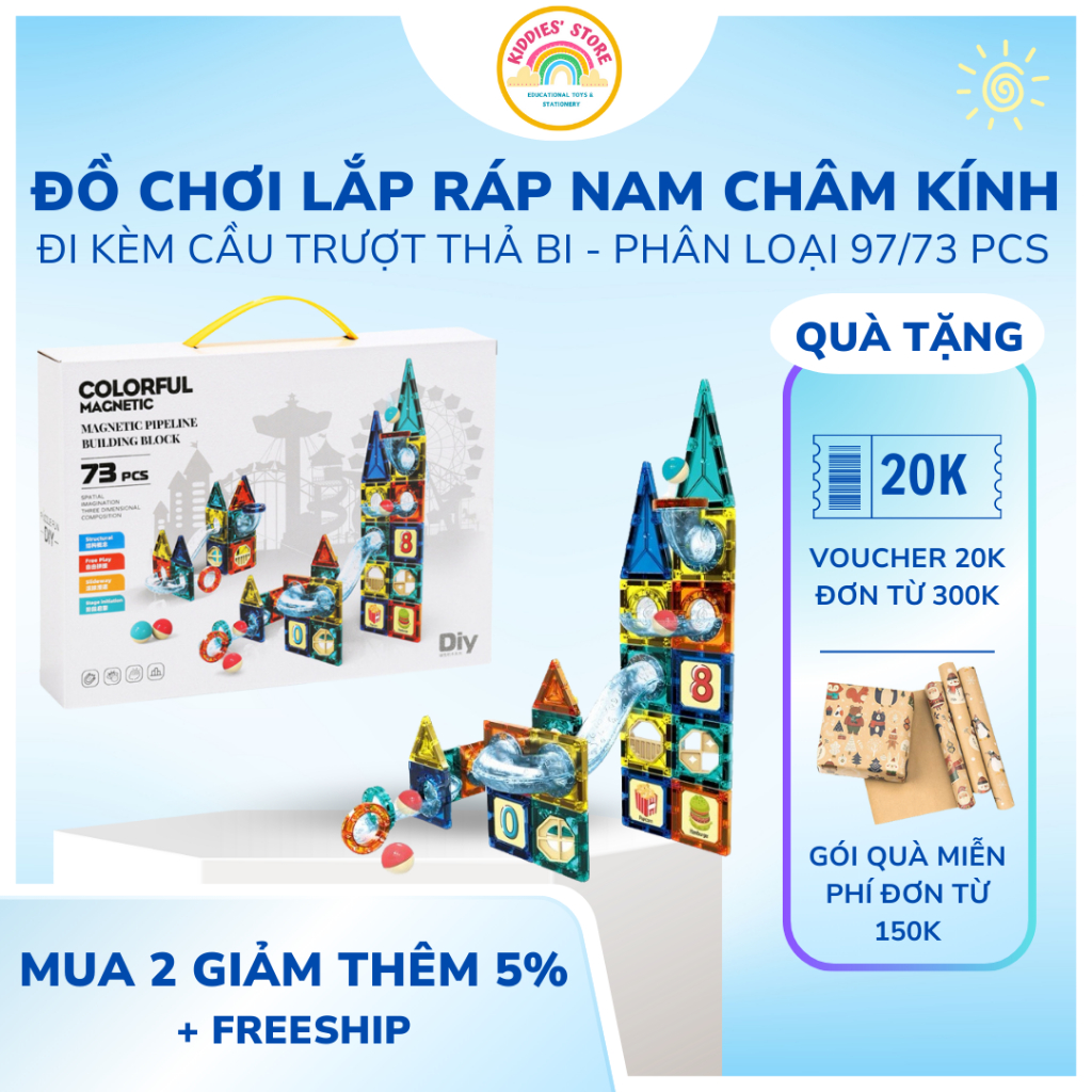 Đồ chơi nam châm xếp hình, bộ lắp ghép cho bé lego nam châm kính cầu trượt thả bi 97 chi tiết