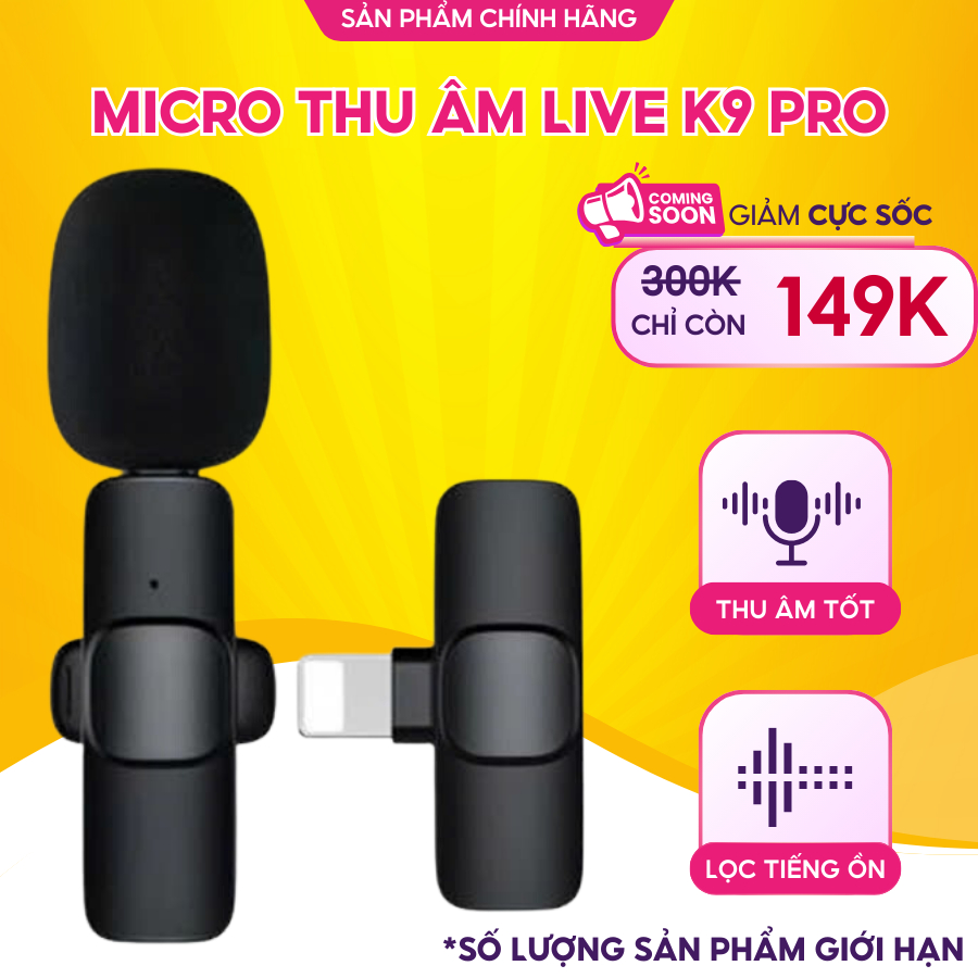 Mic thu âm không dây cài áo K9 Pro khử tiếng ồn dùng livetream ghi âm quay video đàm thoại