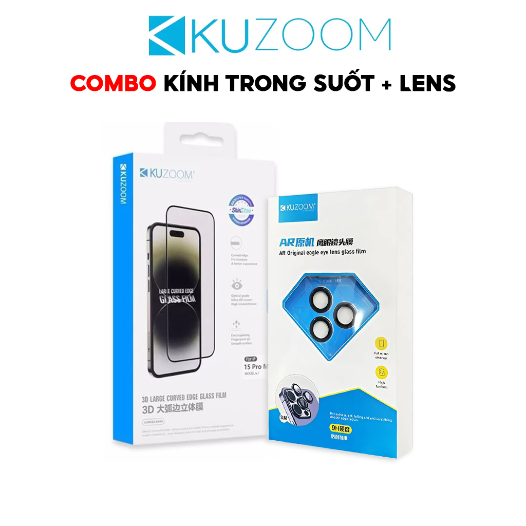 𝗖𝗢𝗠𝗕𝗢 - Kính Cường Lực 3D Trong Suốt & Lens Camera Khung Trợ Dán | Chính Hãng KUZOOM