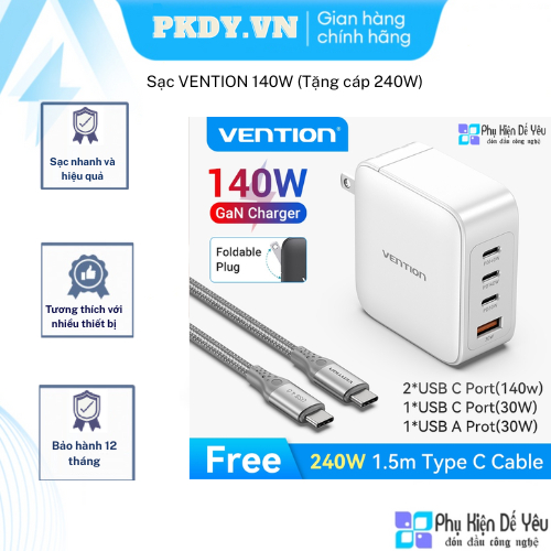 Sạc VENTION 140W (Tặng cáp 240W) [Chính hãng, bảo hành 1 năm]