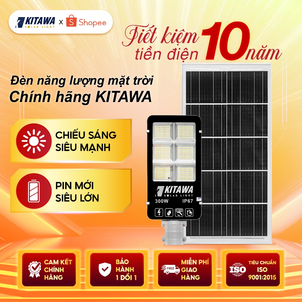 Đèn Đường Năng Lượng Mặt Trời 300W KITAWA Chiếu Sáng Suốt Đêm Tuổi Thọ Hơn 15 Năm