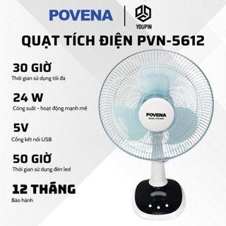 Quạt Tích Điện POVENA PVN-5612 - Tích Hợp Đèn Led Cổng Sạc USB, Dung Lượng Pin Lớn, Bảo Hành 1 Năm