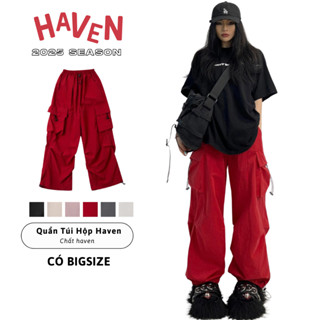 Quần túi hộp ống rộng nữ Haven kaki cotton, dây rút jogger bigsize, màu đỏ, đen, trắng, xám, be