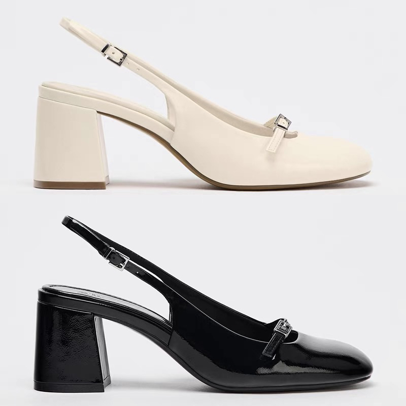 Giày cao gót Mary Jane ZR cho nữ mũi tròn hở gót cao 7cm