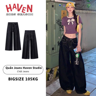 Quần jean nữ ống rộng dài Haven Studio màu xanh đen có bigsize