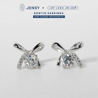 Bông Tai Bạc Gắn Kim Cương Moissanite Xi Bạch Kim, Kiểm Định GRA "Bowtie" BTJ5. Khuyên Tai Bạc Nữ