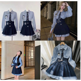 Set 3 món áo sơ mi tay dài kẻ xanh kèm cà vạt phối chân váy xếp ly xoè ngắn đính cúc style nữ sinh