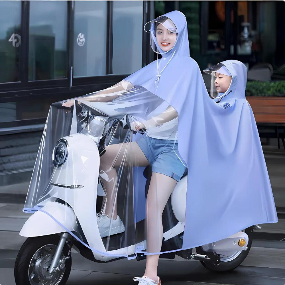 Áo mưa nửa trước trong suốt kèm kính chắn mưa cho mẹ và bé tà áo siêu rộng che phủ toàn thân ( didooglt )