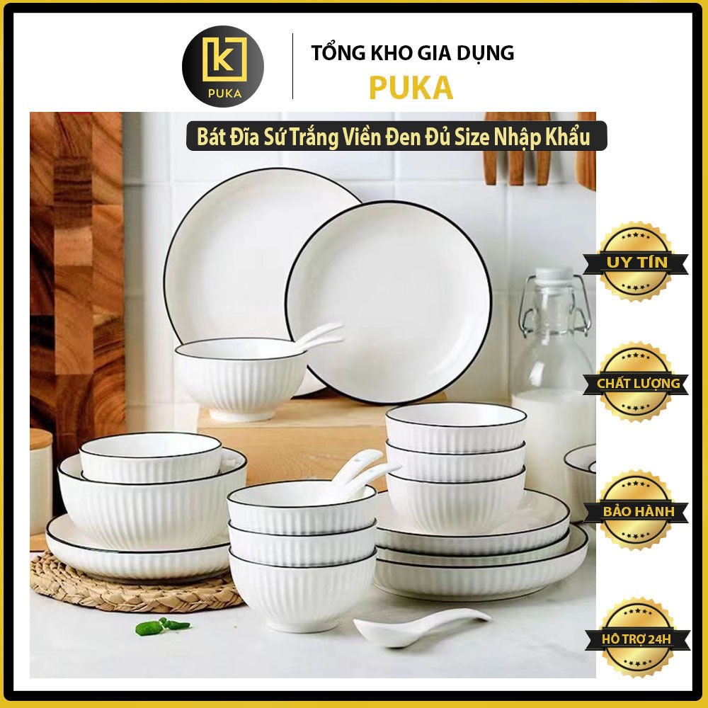 [Lẻ Món Bát Đĩa Sứ Trắng Viền Đen] Men Bóng Cao Cấp – Chén Đĩa Đẹp, Đồ Dùng Nhà Bếp, Nhà Hàng, Quán Ăn