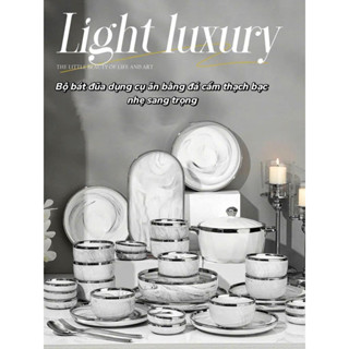 Bộ chén bát đĩa gốm sứ KIM SA, bát cẩm thạch viền bạc ánh kim HINATA cao cấp tô bát dĩa sứ dùng được máy rửa bát