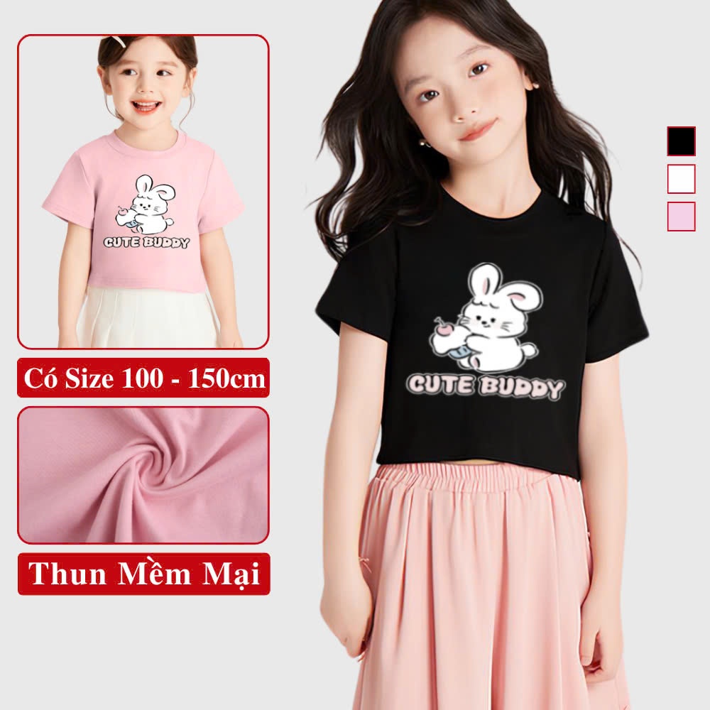 Áo Thun Croptop Tay Ngắn Bé Gái Kookoo In Hinh Thỏ Cute, Áo Croptop Ngắn Tay Cho Bé Gái