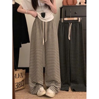 quần kẻ dạ ống rộng dáng suông cạp chun lưng cao hoạ tiết kẻ caro nhỏ mẫu mới 185