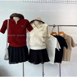  Áo len cổ bẻ tay cộc đính tag hoạ tiết vặn thừng đủ màu hàng qc A505 
