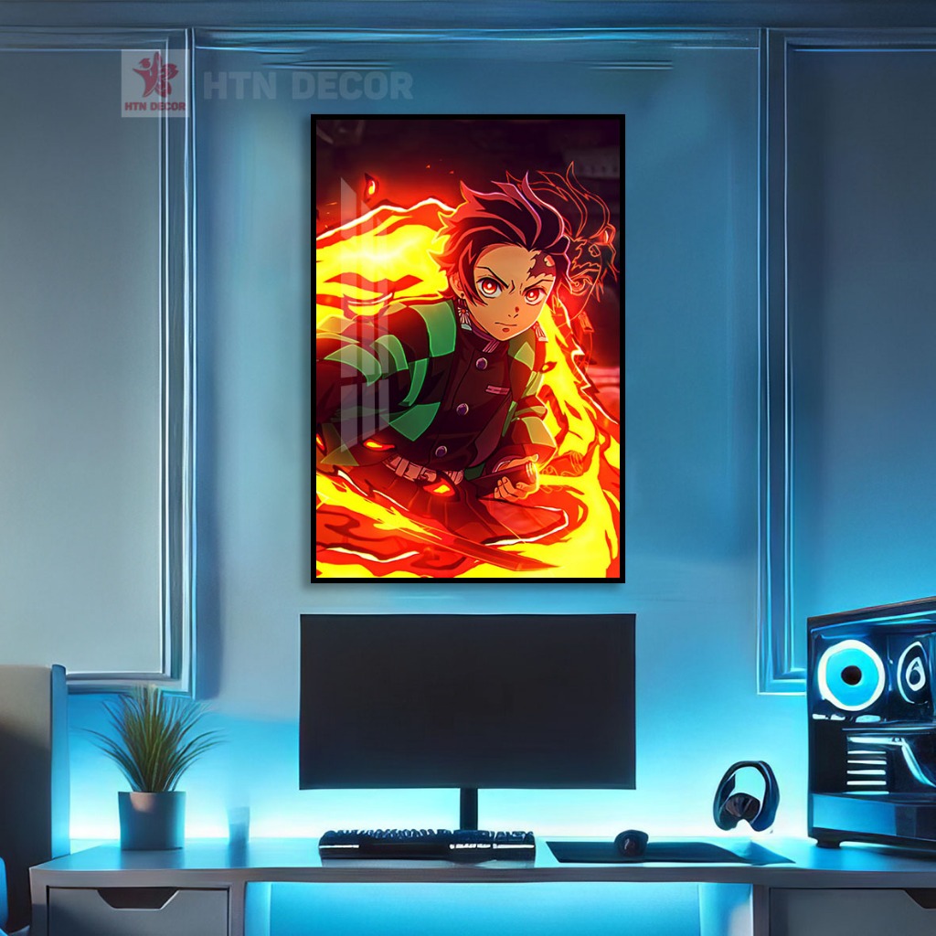 Tranh Anime Thanh Gươm Diệt Quỷ Tanjiro hiệu ứng LED NOEN cực ảo (GIẢ LED). Tranh dán tường Anime,..