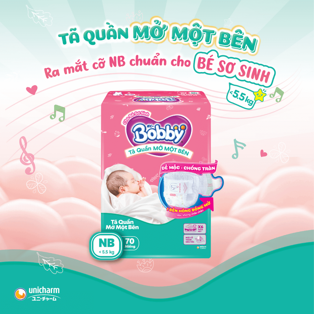 Tã quần mở 1 bên bobby size s siêu khô thoáng dành cho trẻ sơ sinh, Tã quần Bobby mở 1 bên size NB