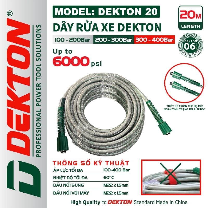 Dây rửa xe Dekton 10 mét , 15 mét và 22 mét , 2 đầu ren 22mm