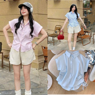 Áo sơ mi rút dây ba màu trắng hồng xanh mint ngắn tay mùa hè năng động VANISA CT178