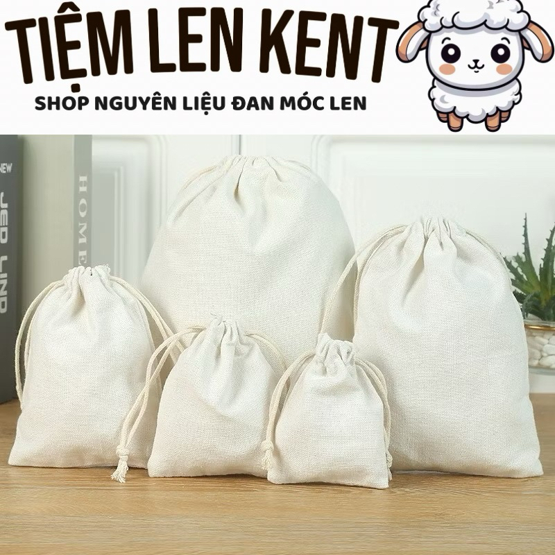 Túi vải Canvas,túi vải nhỏ mini có dây rút màu kem đựng phụ kiện,cafe trang sức