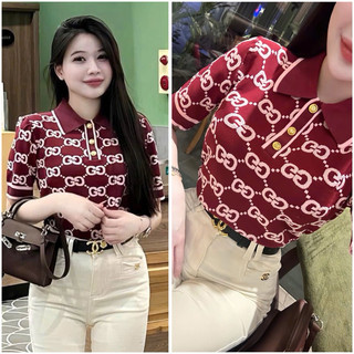  Áo polo nữ đỏ chữ G to viền đỏ form ôm hàng QC chất len mongtoghi 