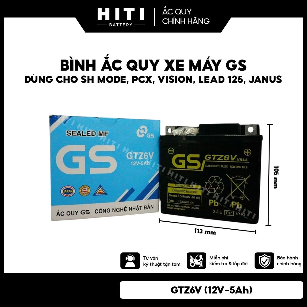 Bình ắc quy xe máy GS GTZ6V (12V-5Ah) dùng cho SH Mode, PCX, Vision, Lead 125, Janus