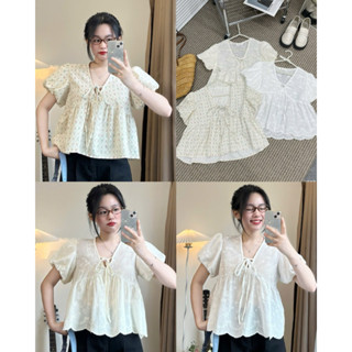 Áo babydoll dệt nơ cổ tim [CHẤT XỊN - ẢNH THẬT 100%] tay phồng tiểu thư công chúa cột nơ - (042) -