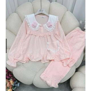 Đồ mặc nhà, Bộ Ngủ vải đũi trơn xốp tiểu thư đính thỏ viền ren freesize <60kg