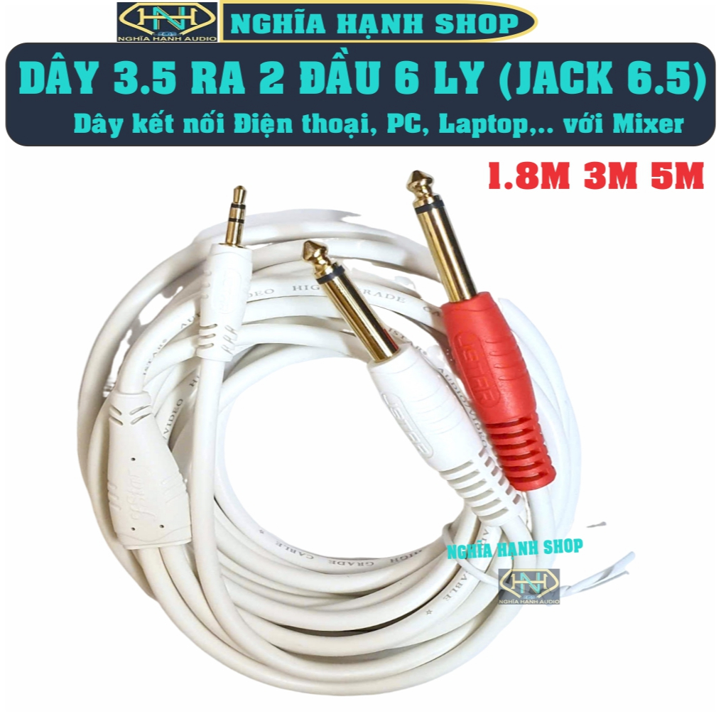 Dây 3.5 ra 2 đầu 6 Ly dài 1.8M 3M 5M, Cáp jack 3.5 ra 2 đầu 6.5, Cáp 3.5 ta 6 Ly, Dây kết nói PC Lap