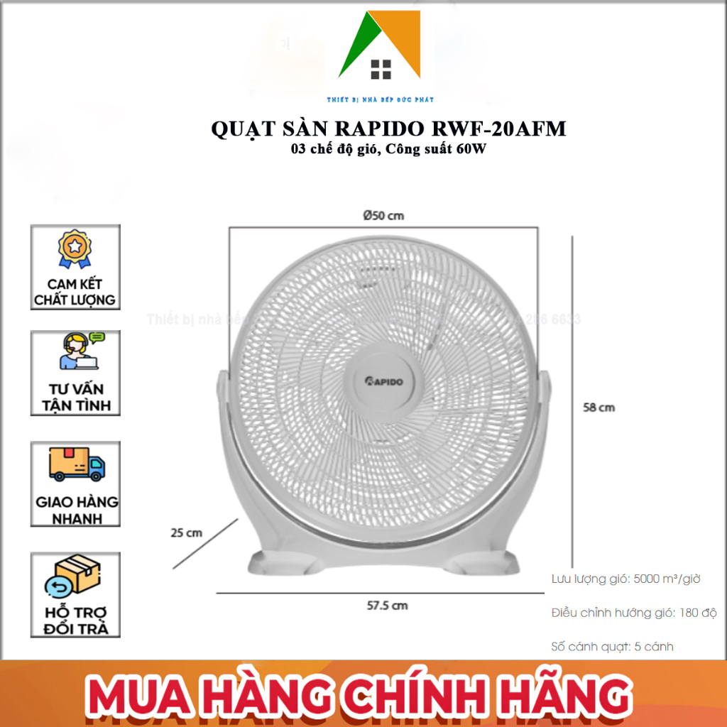 Quạt sàn Rapido/Ferroli RWF-20AFM đường kính quạt 50cm cs 60w quạt siêu khỏe 3 chế độ gió BH 1 năm