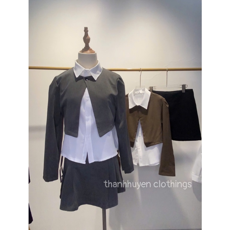 Sét/áo sơ mi nữ phối blazer dài tay Thanhhuyen clothings, blazer dáng croptop tay dài thiết kế 1 cúc