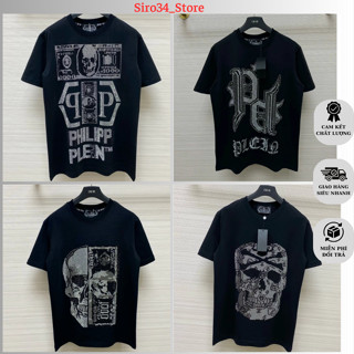 Áo Phông Philipp Plein Nam Nữ Phối In Kim Tuyến Trước Ngực. Áo Thun Philipp Plein Tay Ngắn In Hình Đầu Lâu.