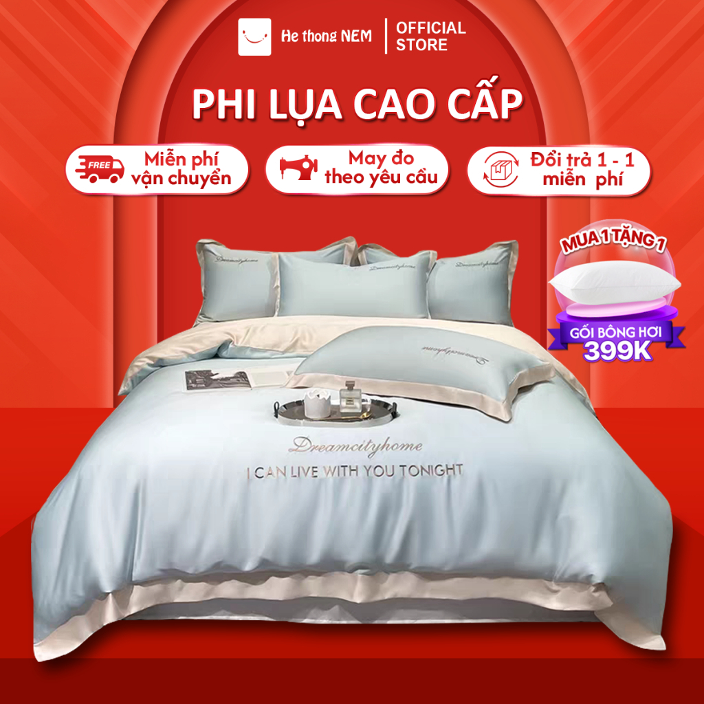 Bộ Chăn Ga Gối 5 Món Lụa Thái HỆ THỐNG NỆM Cao Cấp Nằm Mát Lạnh Mùa Hè