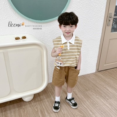 Set bộ ba lỗ Beemo kẻ ngang in hình Labubu vải cotton thoáng mát cho bé trai từ 9-24kg 4659BHB