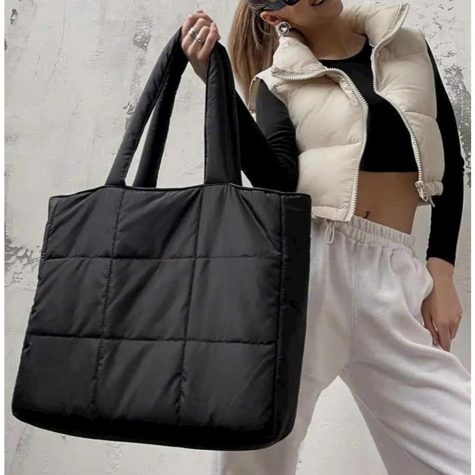  Túi tote mới cho nữ sức chứa lớn túi đi làm chần bông thu đông Hàn Quốc túi đeo vai bằng vải kẻ caro cho nữ 