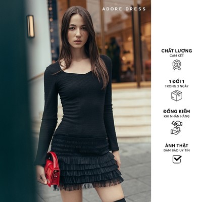 [ ADORE ] Đầm mini tùng lưới xếp thun xốp đen 412DR1114
