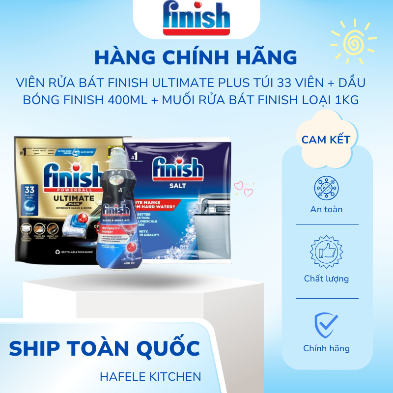 Combo 3 món Finish: Viên rửa bát Ultimate Plus túi 33 viên, Dầu bóng 400ml, Muối 1kg - HKS