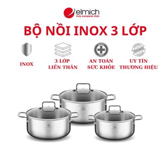 Bộ 3 nồi inox cao cấp Elmich Trimax EL-3843 3 lớp liền đáy 16-20-24cm sử dụng bếp từ và mọi loại bếp