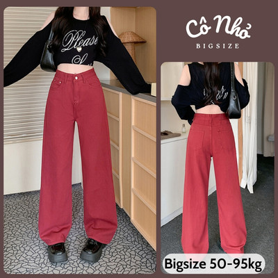 Quần Jean Bigsize Nữ Cạp Cao Màu Đỏ Đo Ống Suông Dài Sành Điệu Chubby 50-95kg Q536
