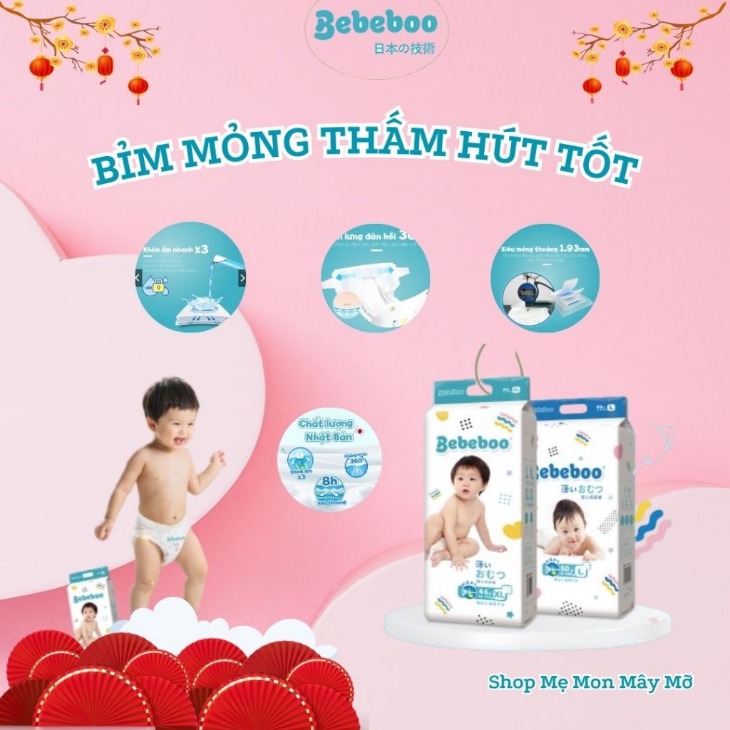 Tã/bỉm dán Bebeboo thương hiệu Nhật Bản siêu thấm hút, khóa ẩm gấp 3 lần size NB/S/M/L/XL/XXL/XXXL