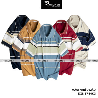 Áo Thun Polo Nam Cho Bố Sọc Ngang Có Cổ Bẻ Có Túi RURUMEN Áo Phông Trung Niên Màu Trắng, Xanh Đen, Xanh Công, Xanh Biển