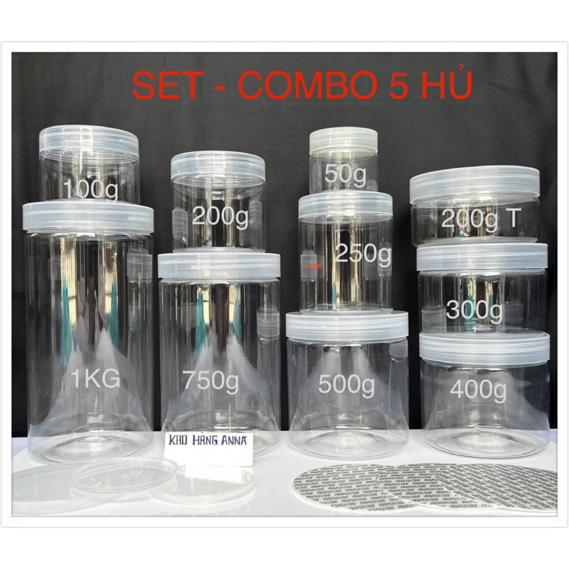 COMBO 5 HỦ nhựa nắp nhôm BẠC Vàng / NẮP NÂU  - SET 5 Hủ TRONG SUỐT 50gr 100gr 200gr 250gr 300gr 500g