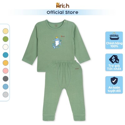 Bộ dài tay cài vai vải sợi tre in Cá Heo Arich mềm mát cho bé trai, gái từ 6 tháng đến 6 tuổi